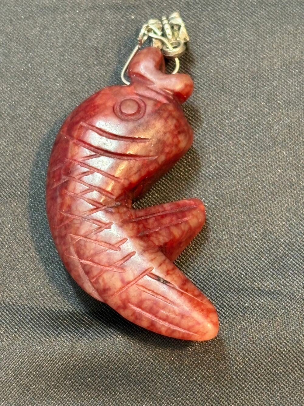 Vintage Carved Stone Fish Pendant Red Jasper